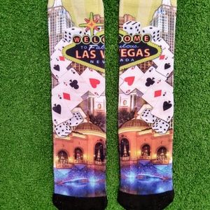 Las Vegas Strip Gambling Poker/Dice Welcome Sign Skyline Adult Large Socks New